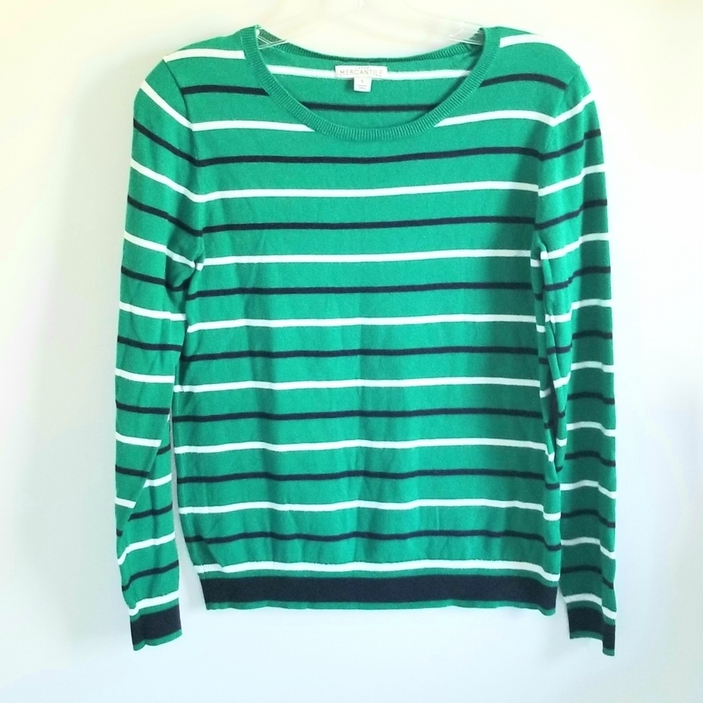 J. Crew Mercantile Green Stripe Cotton Sweater Crewneck